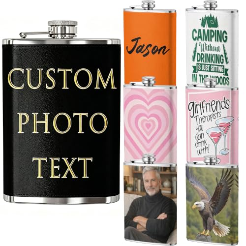 Custom Leather 8oz Flask with Photo Logo - Black