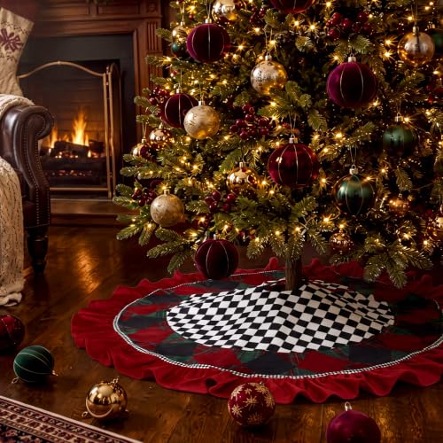 48 Inch Black and White Checkered Christmas Tree Skirt with Burgundy Ruffle - Variation of THIS listing