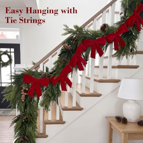 6 Ft Red Velvet Bow Garland for Christmas Decorations, Pre-Assembled Holiday Decor