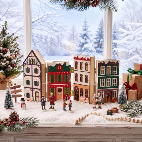Foldable Wooden Christmas Village Decor with Built-in LED Lights - Rustic Holiday Scene