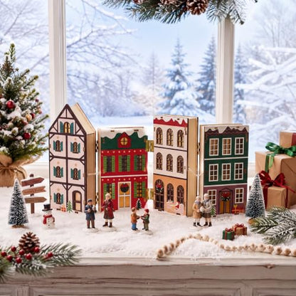 Foldable Wooden Christmas Village Decor with Built-in LED Lights - Rustic Holiday Scene