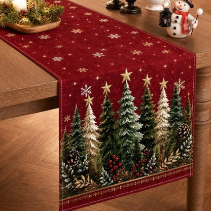 Christmas Table Runner Burgundy Red Tree Design for Holiday Dining