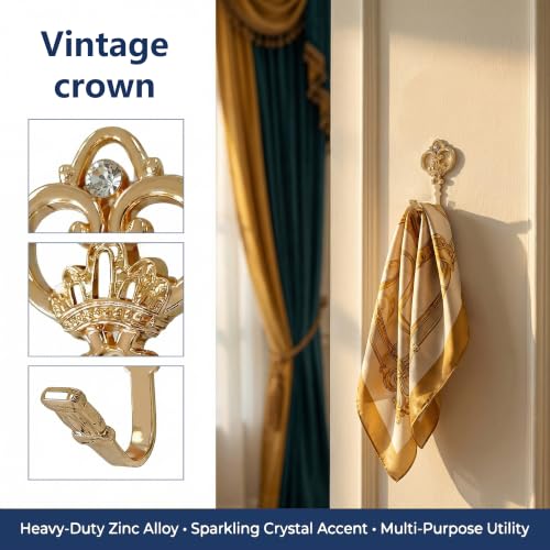 Gold Crown Curtain Holdbacks 2 Pack - Heavy Duty Metal Wall Hooks for Drapes, Coats, Hats & Towels, Rustic Decor