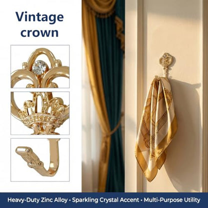 Gold Crown Curtain Holdbacks 2 Pack - Heavy Duty Metal Wall Hooks for Drapes, Coats, Hats & Towels, Rustic Decor