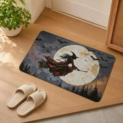 Purple Witch Bath Mat - Vintage Full Moon Bat Halloween Bathroom Rug