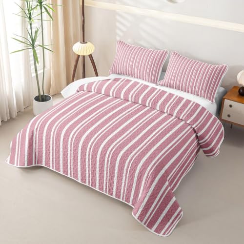 Pink White Striped Quilt Set Queen Size - Modern Geometric Bedspread with Pillow Shams - Kids Bedroom Decor - Variation: White Pink