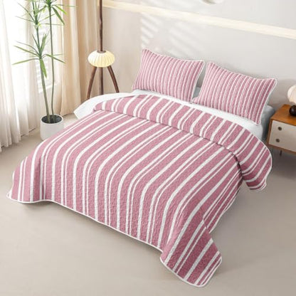Pink White Striped Quilt Set Queen Size - Modern Geometric Bedspread with Pillow Shams - Kids Bedroom Decor - Variation: White Pink
