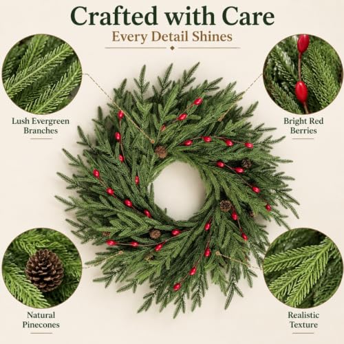 24 Inch Pre-Lit Cedar Christmas Wreath with Red Berries and Pinecones