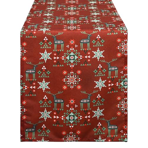 Christmas Table Runner Red with Reindeer Snowflake Geometric Pattern 13x48 Inches - Farmhouse Holiday Decor