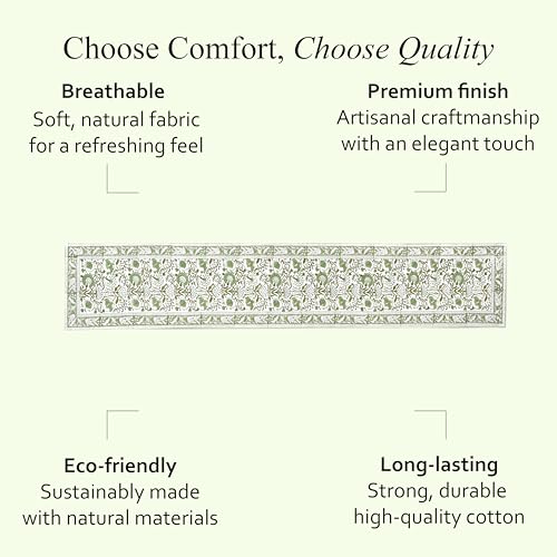 Agate Green Cotton Table Runner 16x106 Inches Floral Hand-Block Print