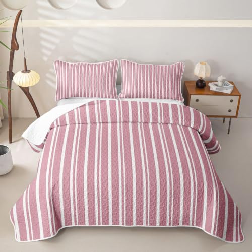Pink White Striped Quilt Set Queen Size - Modern Geometric Bedspread with Pillow Shams - Kids Bedroom Decor - Variation: White Pink