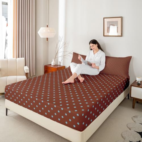 Kids Full Size Fitted Sheet Set Blue Brown Geometric Polka Dot Bedding - 2 Pillowcases
