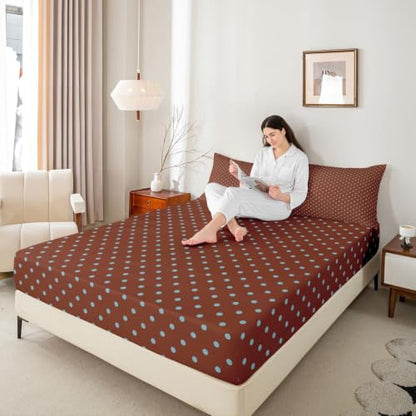 Kids Full Size Fitted Sheet Set Blue Brown Geometric Polka Dot Bedding - 2 Pillowcases