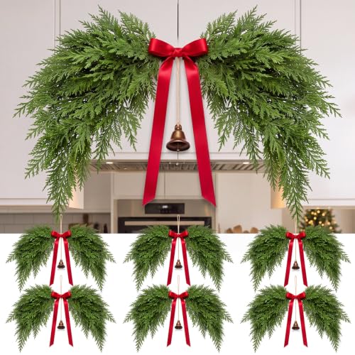 Christmas Cedar Swags Set with Red Bows and Bells - 6 Pcs, 24 Inch