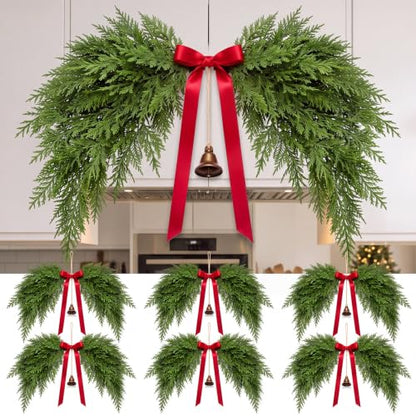 Christmas Cedar Swags Set with Red Bows and Bells - 6 Pcs, 24 Inch