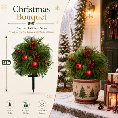 Artificial Christmas Topiary Ball Trees 23 Inch Set of 2 with Red Ornament - Outdoor Decor