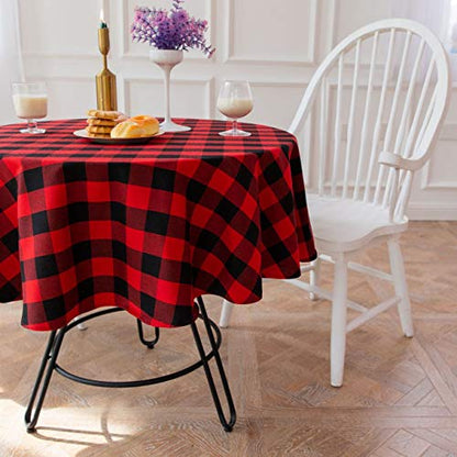 Red & Black Buffalo Check Christmas Round Tablecloth 60 Inch Cotton Linen