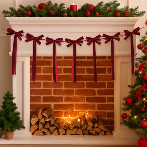 Christmas Velvet Bow Garland - Burgundy, 59 Inch, Wine Red Variation