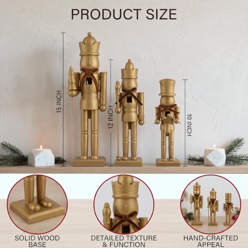 Christmas Nutcracker Figures Set - Gold Wooden Holiday Decor, 10-15 Inches
