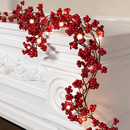 Christmas Red Berry Garland with Lights - 6 ft Battery-Operated Decor (Red / 1)