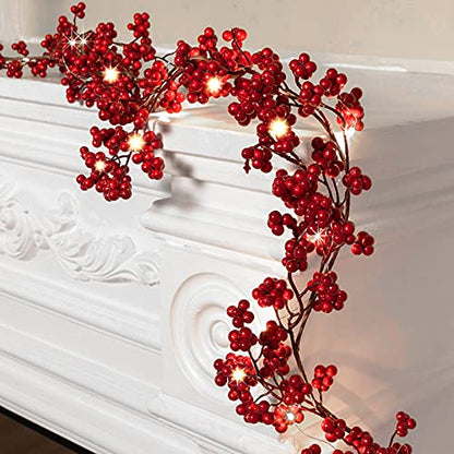 Christmas Red Berry Garland with Lights - 6 ft Battery-Operated Decor (Red / 1)