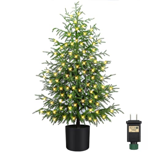 ENVEN 4FT Pre-Lit Norfolk Pine Christmas Tree with Real Touch Foliage - 80 LED Lights, 8 Modes, Potted Faux Tree - 1 Pack