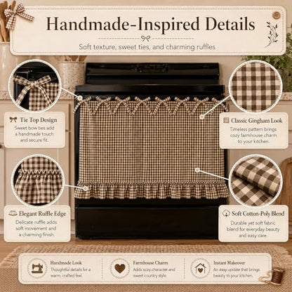 Farmhouse Oat Gingham Oven Skirt Curtain with Tie Top - Handmade Kitchen Decor