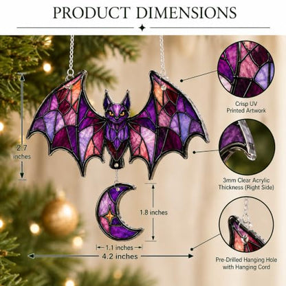 Gothic Bat Suncatcher Halloween Window Decor - Crescent Moon, Purple Stained Glass Style - Bat Lover Gift - Variation of Bat 2