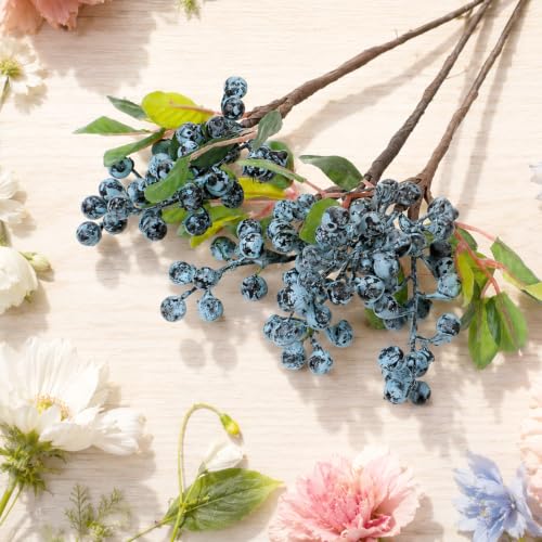 Fake Blueberries with Natural Stems - 3 Pack Artificial Blueberry Decor