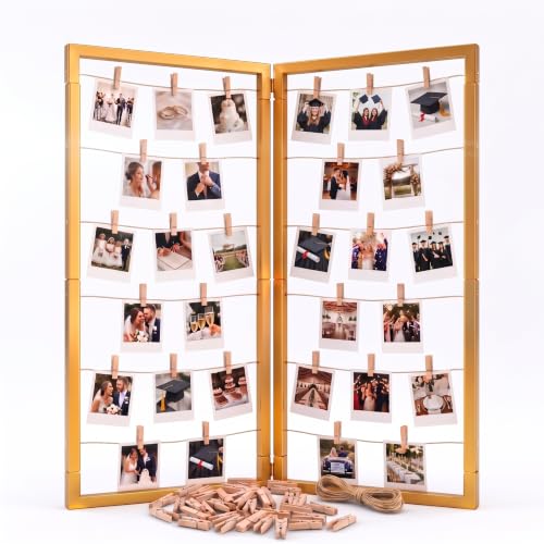 Gold Photo Display Board, Picture Collage Holder with Rope & Clips