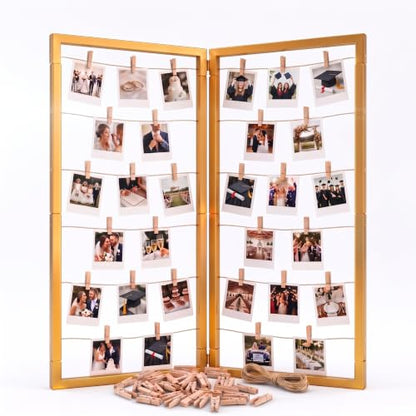 Gold Photo Display Board, Picture Collage Holder with Rope & Clips
