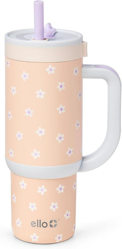 Ello Oasis 18oz Stainless Steel Tumbler - Stylish Orange Daisies Design for On-the-Go Hydration