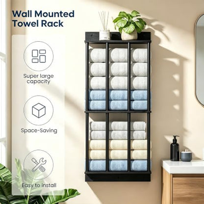 Modern Black 3-Tier Wall Mounted Towel Rack with Wooden Shelf - Bathroom Organizer