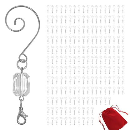 200 Pack Clear Acrylic Silver Ornament Hooks for Christmas Tree Decorations - 3 Inch Wire Hangers