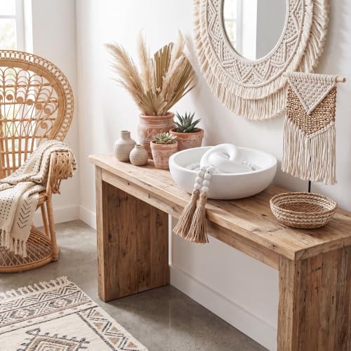 Farmhouse Wooden Decorative Bowl Set with Chain Beads - White - Novabright