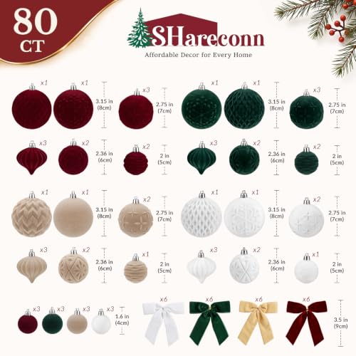 Velvet Christmas Tree Balls Ornament Set - Red, Green, White, Gold, 80pcs