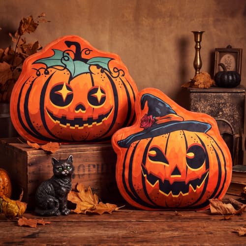 Halloween Pumpkin Throw Pillows Set - Retro Plush Decor for Fall & Holiday