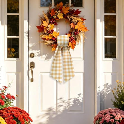 Khaki and White Gingham Wreath Sash for Front Door - 55.5" x 5.1" - Versatile Seasonal Decor