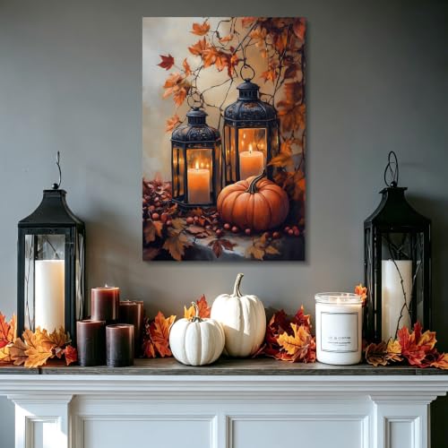 Fall Pumpkin Canvas Wall Art with Lanterns & Maple Leaves - 24x16 Inches - Rustic Autumn Decor