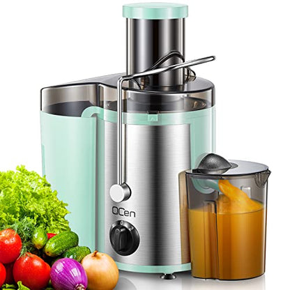 Qcen Juicer Machine, 500W Centrifugal Juicer Extractor with Wide Mouth 3” Feed Chute for Fruit Vegetable, Easy to Clean, Stainless Steel, BPA-free (Aqua)