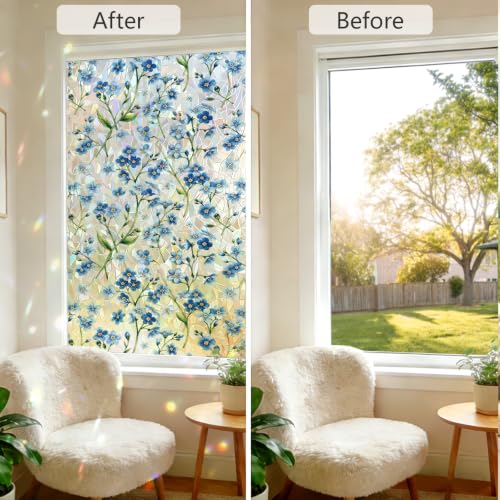 Stained Glass Window Privacy Film Blue 17.7 x 78.7 in - Vintage Floral Pattern