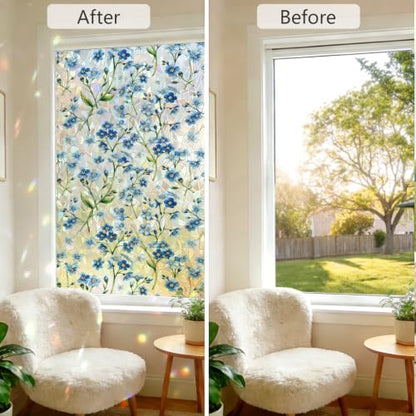 Stained Glass Window Privacy Film Blue 17.7 x 78.7 in - Vintage Floral Pattern