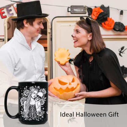 Black Skull Mug 15oz - Gothic Halloween Coffee Cup for Women, Spooky Gift