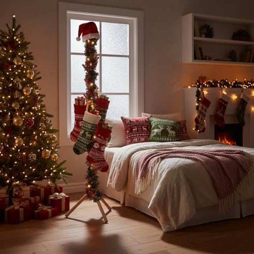 Christmas Stocking Holder Stand with 8 Hooks - Freestanding Wooden Decor