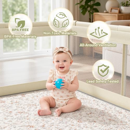 Baby Playpen with Mat Beige 47x47in Safety & Soft Cushioned Toddler Play Area