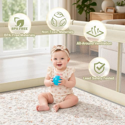 Baby Playpen with Mat Beige 47x47in Safety & Soft Cushioned Toddler Play Area