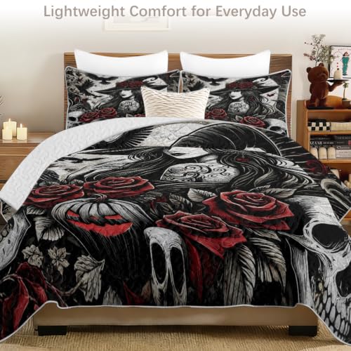 Halloween Gothic Quilt Set with Witch Rose Design - Full/Queen, Lightweight Bedding