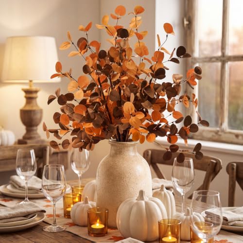 30-Inch Fall Eucalyptus Artificial Stem - Orange, Amber, Brown