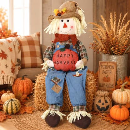 56-Inch Fall Harvest Sitting Scarecrow Decor for Autumn and Thanksgiving
