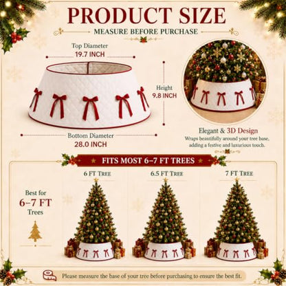 28-Inch Quilted Christmas Tree Collar with Velvet Bow - Tree Stand Cover